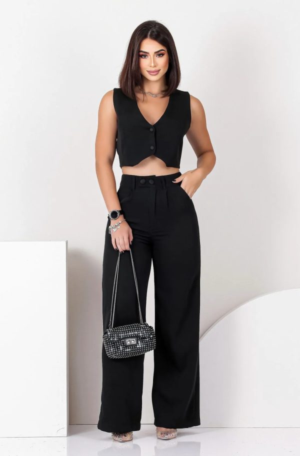 Solid Color Sleeveless Cropped Top and Loose Trousers Set - Image 3