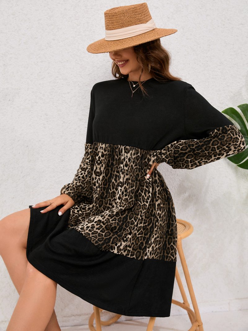Leopard Splicing Long Sleeve Women's Dress - Image 4