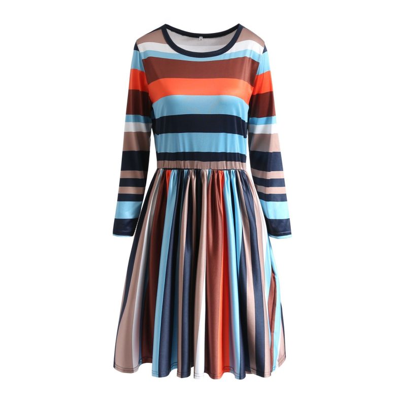 Round Neck Striped Patchwork Long Sleeve Casual Pullover Dress - Image 3