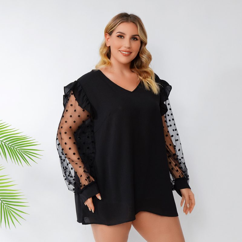 Plus Size V-neck Mesh Polka Dot Top - Image 3