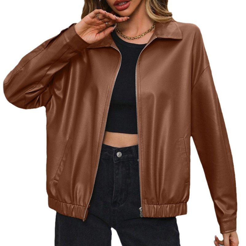 Casual Faux Leather Motorcycle Jacket with Polo Collar and Zipper - Image 4
