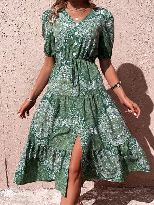 Green Midi Printed Dress for Summer Women’s Wear