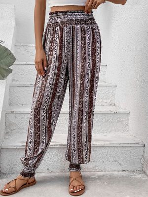 Summer National Print Smocking High Waist Pants