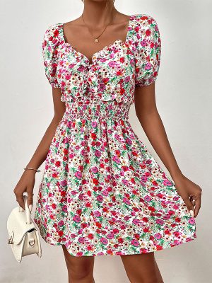 Summer Floral Waist Puff Sleeve Stitching Dress