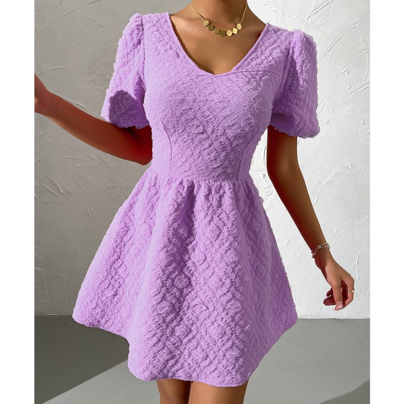 Solid Color V-neck Puff Sleeve Dress - Image 3