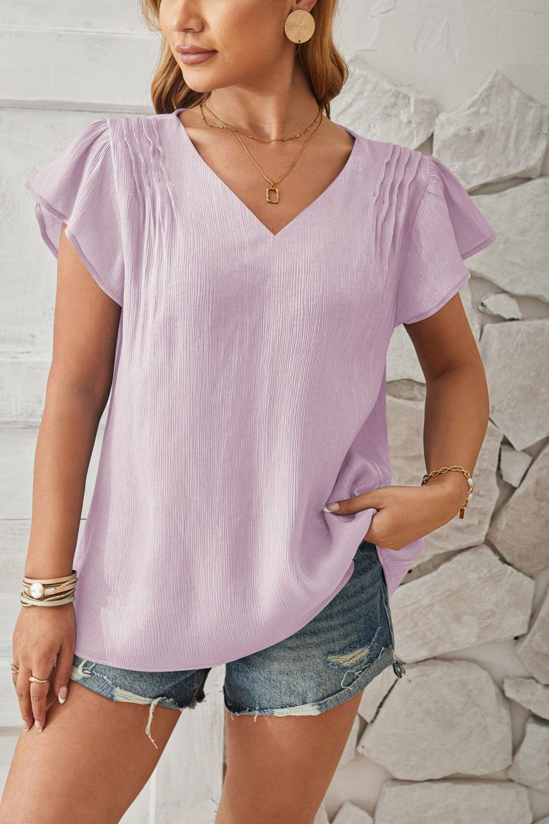 Spring Summer V-Neck Gold Fabric Petal Sleeve Top - Image 2