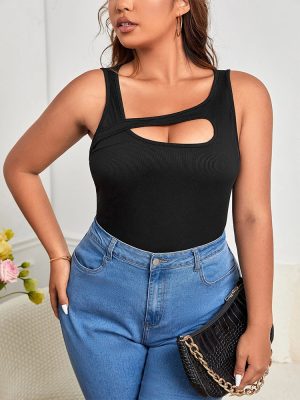 Plus Size Asymmetric Shoulder Strap Hollow Cutout Solid Color Vest Top