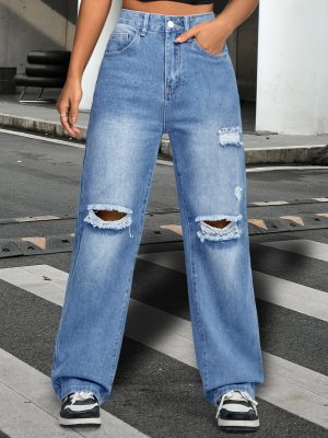 Trendy High Waist Ripped Denim Pants