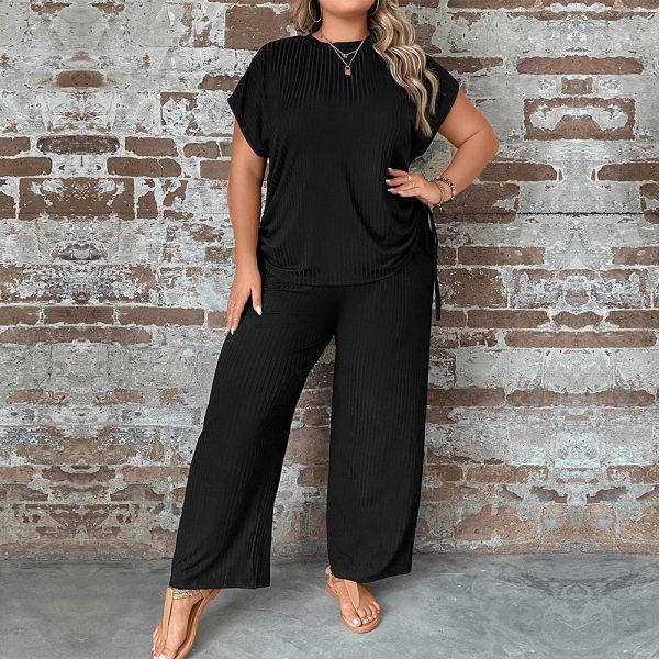 Plus Size Round Neck Loose Casual Short Sleeve T-Shirt & Wide Leg Pants Set - Image 3