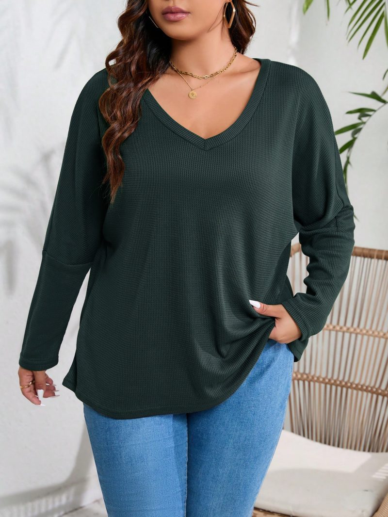 Plus Size Loose Casual V Neck Waffle Long Sleeve T-Shirt - Image 3