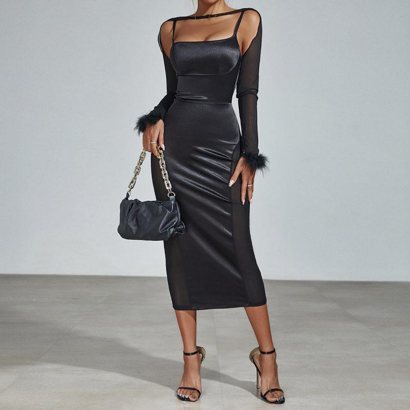 Elegant Slim Fit Mesh Long Sleeve Dress - Image 3