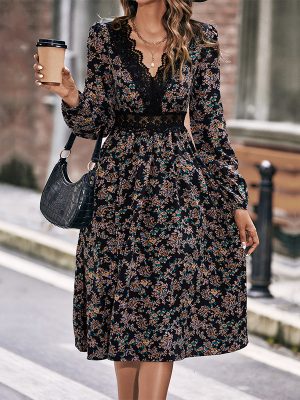 Spring/Autumn Lace V-Neck Patchwork Dress: Slim Fit Women’s Fashion