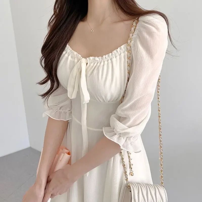 Chic Eco Mini Dress: Square Collar, Lace-up, Vintage Style - Image 3