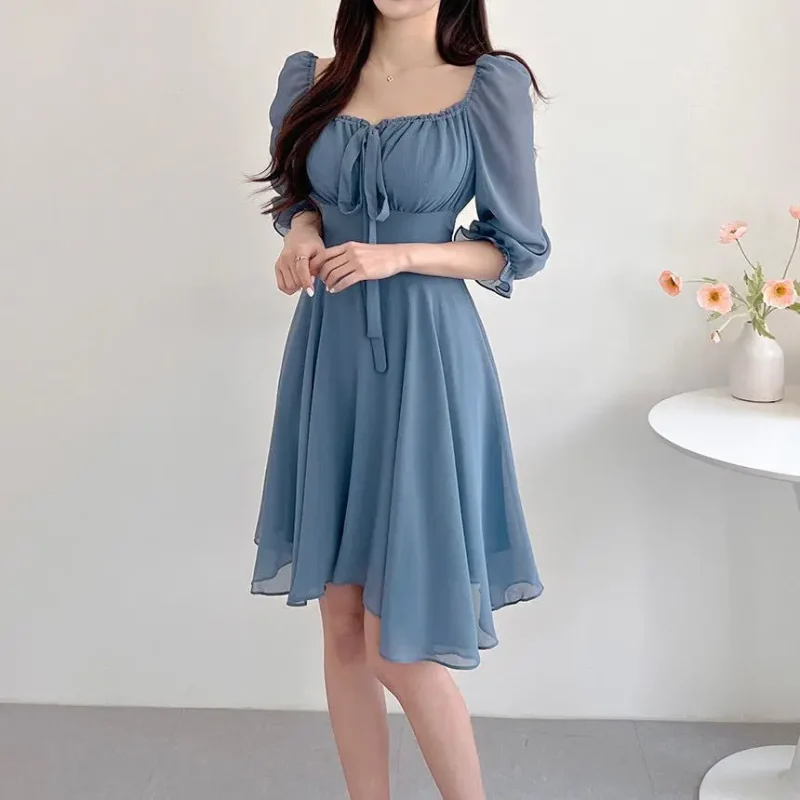Chic Eco Mini Dress: Square Collar, Lace-up, Vintage Style - Image 4