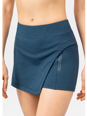 Imitation Denim Tight Tennis Skirt with Faux Two-Piece Anti-Exposure Fitness Pant, Belt, and Pocke