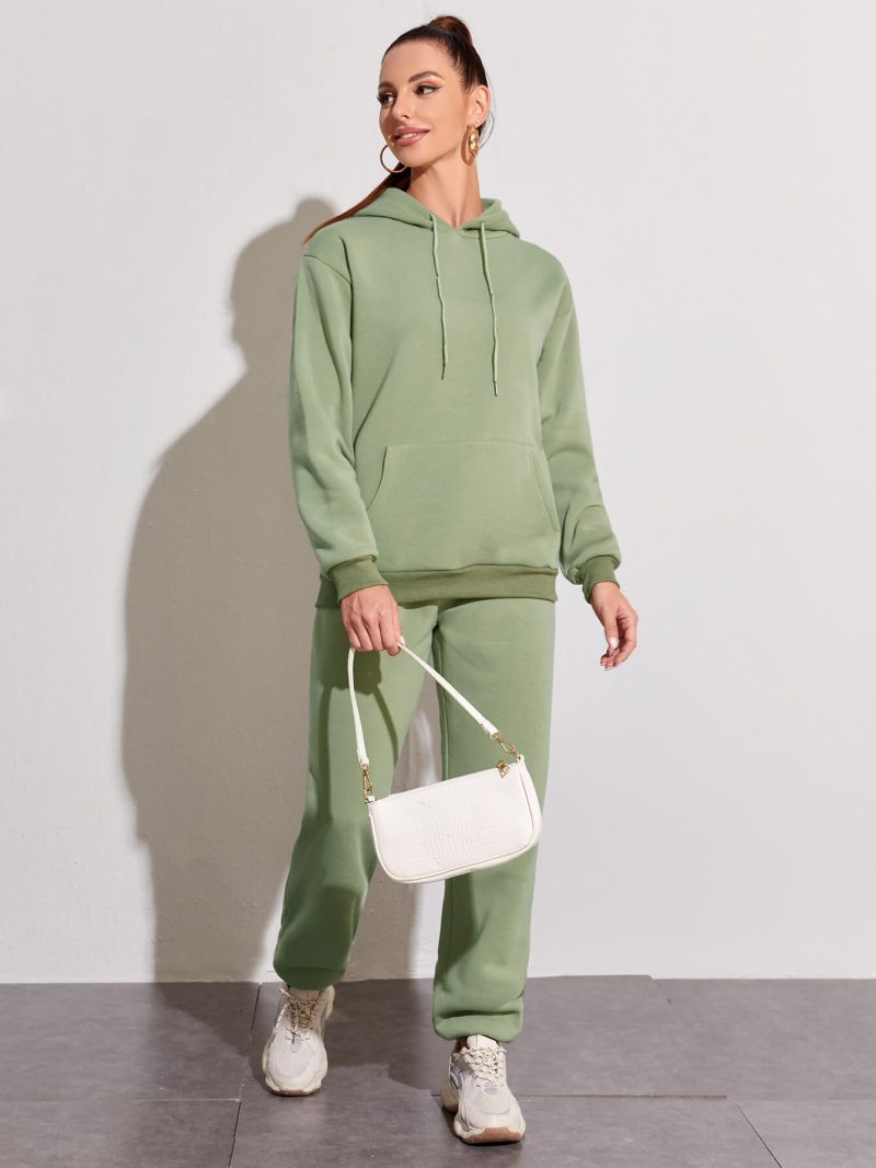 Casual Suit Fleece Drop Shoulder Solid Color Hooded Sweatshirt and Sweatpants Set - Image 2