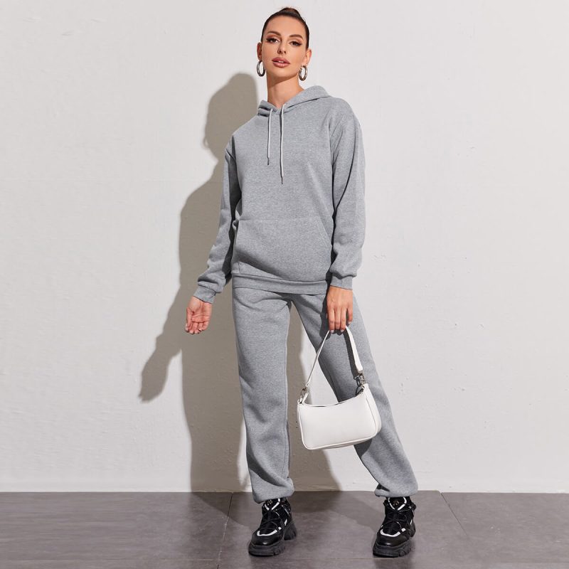 Casual Suit Fleece Drop Shoulder Solid Color Hooded Sweatshirt and Sweatpants Set - Image 3