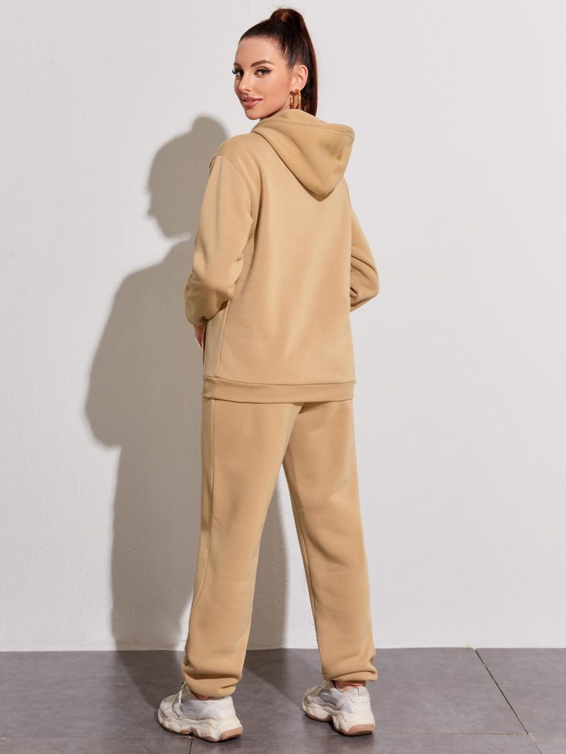 Casual Suit Fleece Drop Shoulder Solid Color Hooded Sweatshirt and Sweatpants Set - Image 4