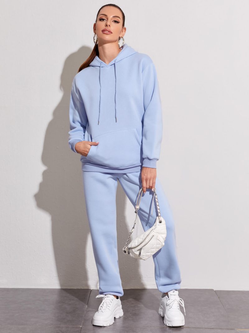 Casual Suit Fleece Drop Shoulder Solid Color Hooded Sweatshirt and Sweatpants Set - Image 6