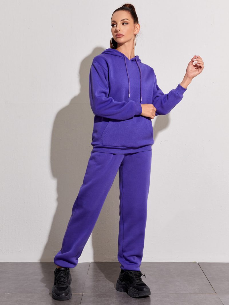 Casual Suit Fleece Drop Shoulder Solid Color Hooded Sweatshirt and Sweatpants Set - Image 7