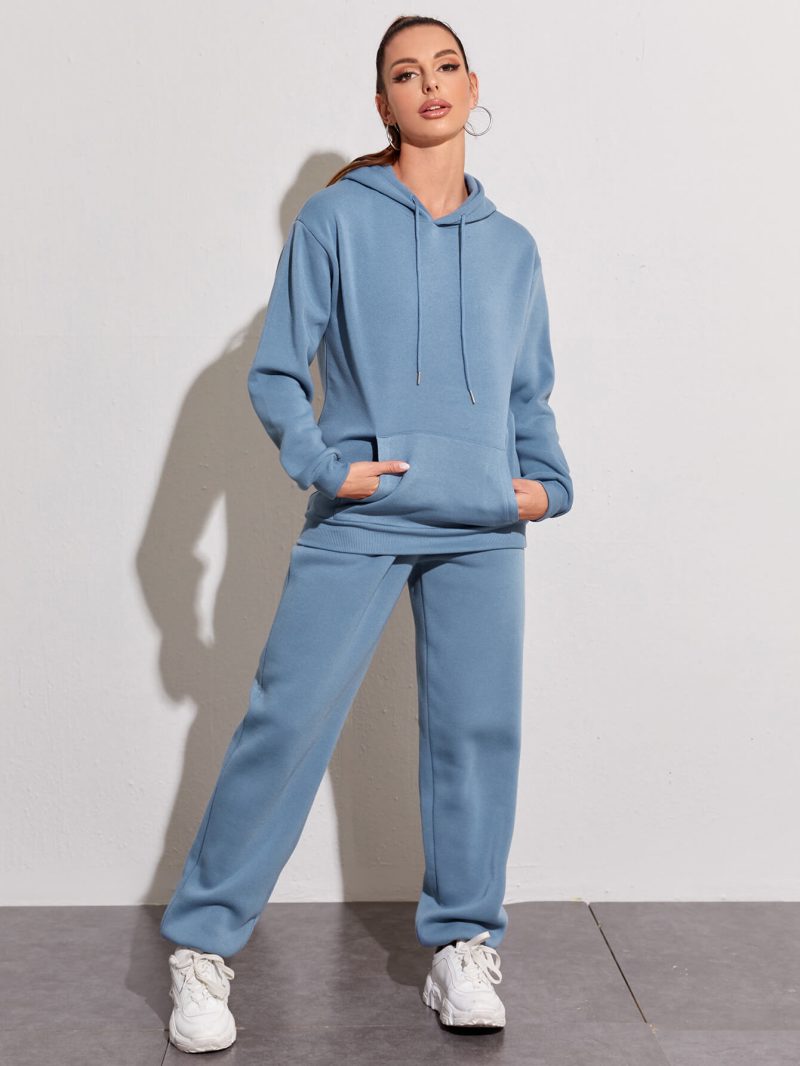 Casual Suit Fleece Drop Shoulder Solid Color Hooded Sweatshirt and Sweatpants Set - Image 8
