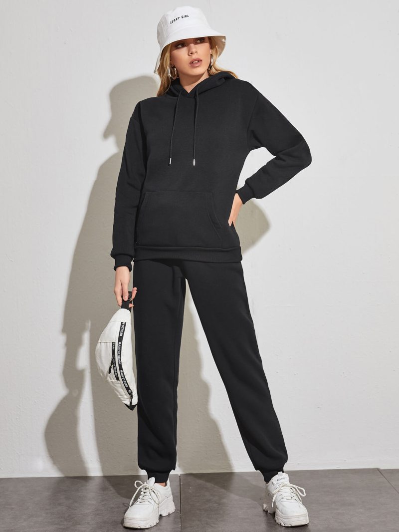Casual Suit Fleece Drop Shoulder Solid Color Hooded Sweatshirt and Sweatpants Set - Image 9
