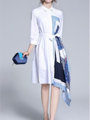 New Patchwork Printed Irregular Asymmetric 3/4 Sleeve Dress with Delivery Belt for Women