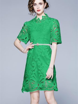 Women’s New Cutout Crochet Lace Dress with Pearl Belt