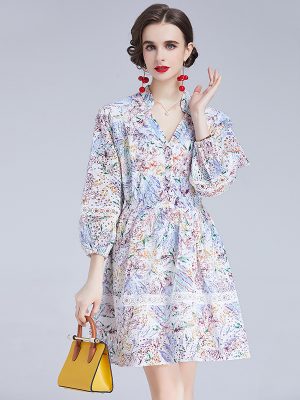 French V-Neck Lace Print Slim Dress