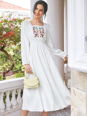 Chic Sophistication: Women’s Square Neck Smocked A-Line Maxi Dress, Perfect for Spring and Fall Elegance with Lattice Trim Detail