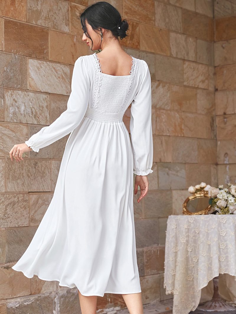 Chic Sophistication: Women's Square Neck Smocked A-Line Maxi Dress, Perfect for Spring and Fall Elegance with Lattice Trim Detail - Image 2