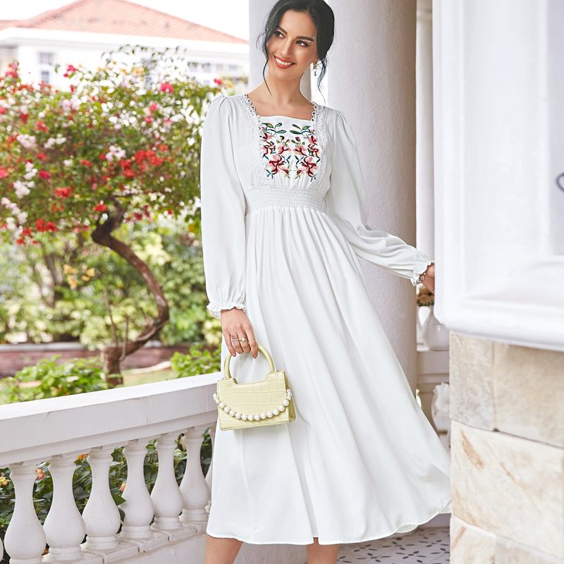 Chic Sophistication: Women's Square Neck Smocked A-Line Maxi Dress, Perfect for Spring and Fall Elegance with Lattice Trim Detail - Image 3