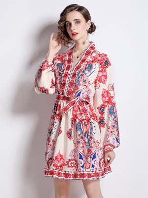 Printed Daily V-Neck Long Sleeve Belted Dress: Women’s Wear