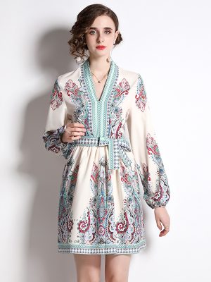 Women’s A-Line Printed V-Neck Long Sleeve Daily Dress