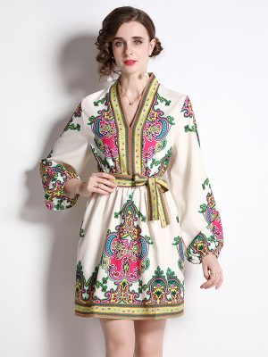 Women’s Printed V-Neck Long Sleeve Belted Dress