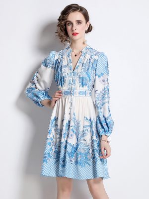 Women’s Spring/Fall V-Neck Long Sleeve Print Short Dress