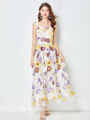 French Romantic Embroidered Flower Evening Dress: Tube Top