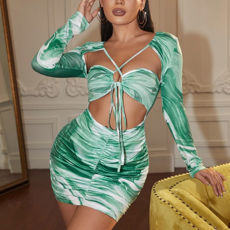 Hollow-Out Spice Girl Mesh Print Bodycon Long Sleeve Wrap Dress