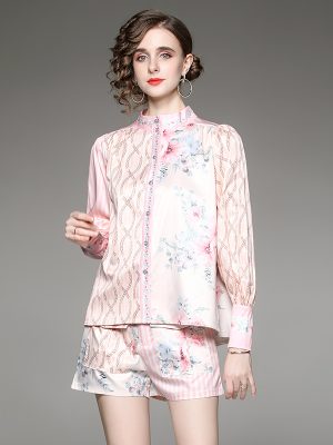 Fashion Lantern Sleeve Printed Shirt and Short Pants Set with Belt