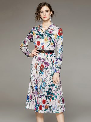 Joker Pleated Positioning Printed Dress with Belt: Fashionable Waist Slim