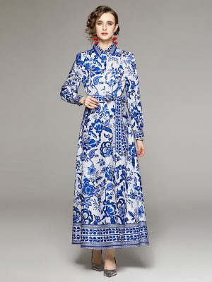 Blue and White Printed Dress with Belt: Women’s Fashion