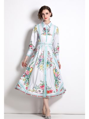 Women’s Spring/Fall Printed Collared Shirt A-Line Midi Dress