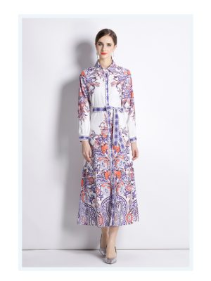 Women’s Spring/Fall Collared Neck Printed Midi A-Line Dress