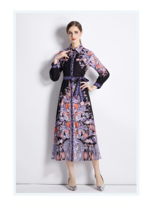 Women’s Spring/Fall Long Sleeve Printed Midi A-Line Dress