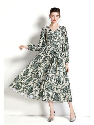 Women’s Spring/Fall Long Sleeve V-Neck Printed A-Line Dress