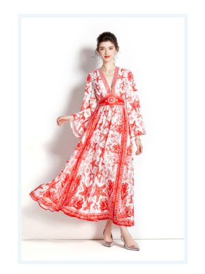 Women’s Spring/Fall Long Sleeve V-Neck Printed A-Line Maxi Dress