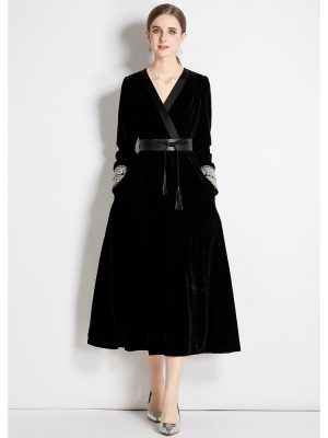 Women’s Fall/Winter Long Sleeve V-Neck A-Line Midi Dress