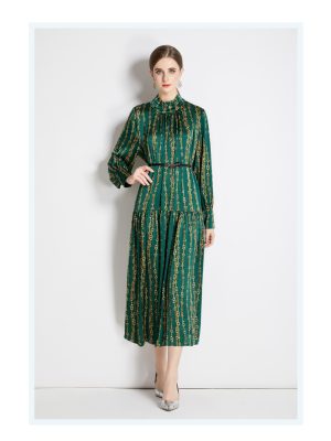 Women’s Spring/Fall Belted Long Sleeve A-Line Midi Dress