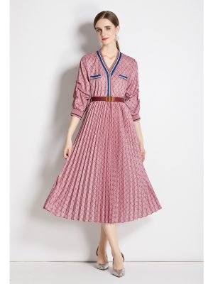 Women’s Spring/Fall Daily Long Sleeve Belted A-Line Midi Dress