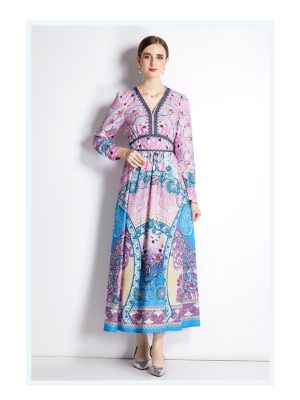 Women’s Spring/Fall Elegant Printed A-Line Maxi Dress